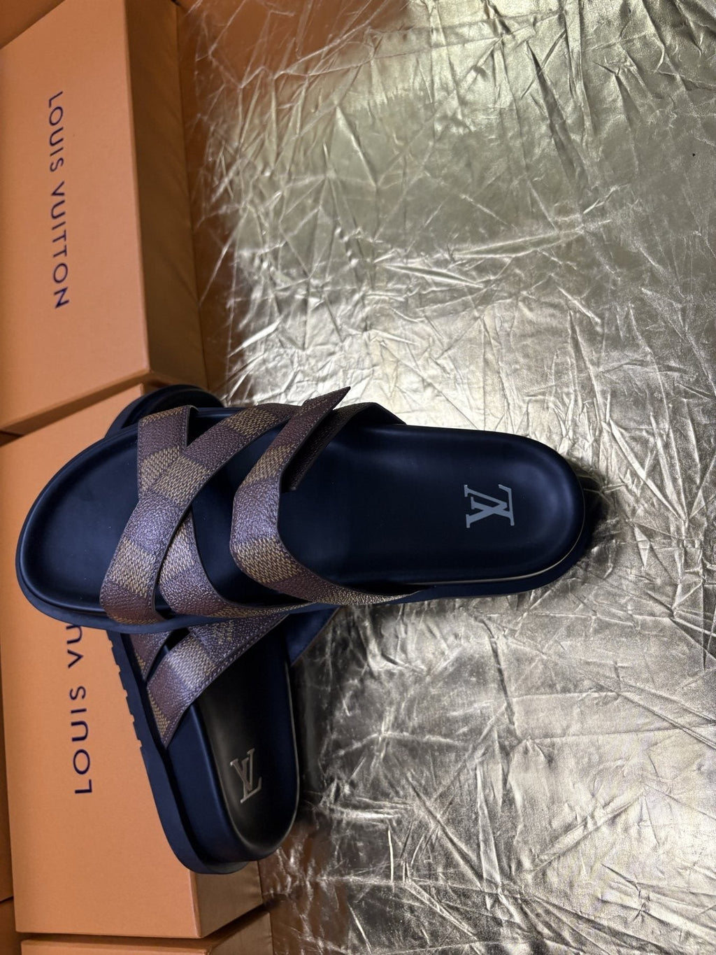 Louis Vuitton Checkered Cross-Strap Slide Sandals